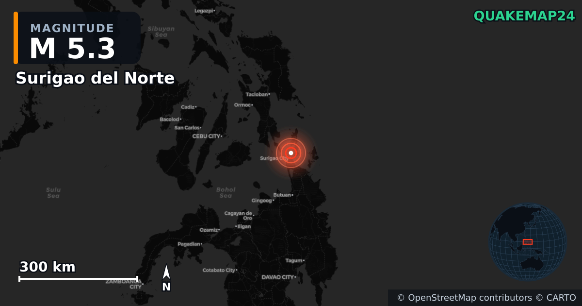 M5.3 earthquake near Surigao del Norte on Sep 8, 2025 — map of epicenter and shaking intensity | QuakeMap24