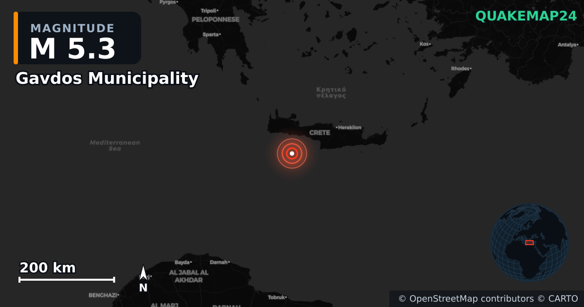 Erdbeben M5,3 bei Gavdos Municipality, Region of Crete (Griechenland) · 2026-06-20 — Karte der Lage des Epizentrums