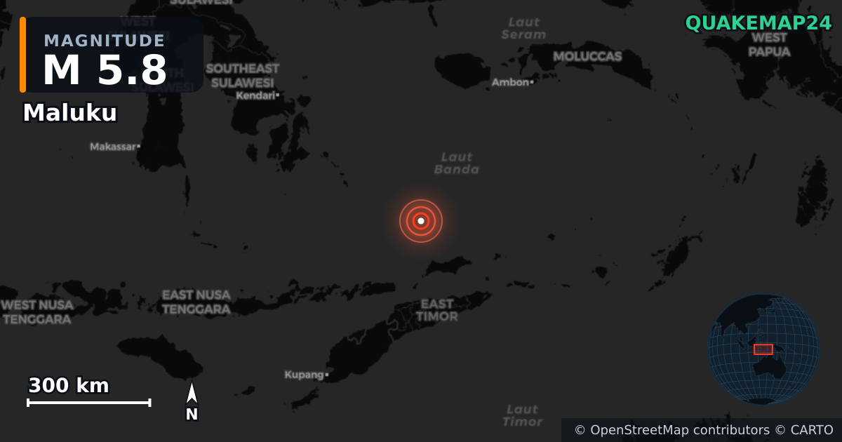M5.8 earthquake near Maluku on Jun 27, 2026 — map of epicenter and shaking intensity | QuakeMap24