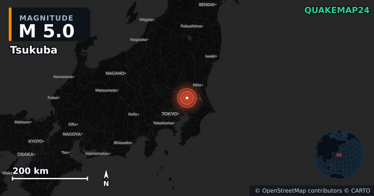 Sismo de M5,0 perto de Tsukuba, Ibaraki Prefecture (Japão) · 2026-09-16 — Mapa da localização do epicentro