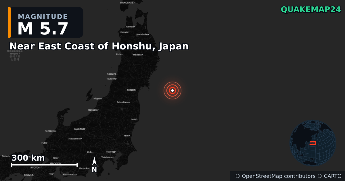 M5.7 earthquake near Near East Coast of Honshu, Japan on Aug 29, 2025 — map of epicenter and shaking intensity | QuakeMap24