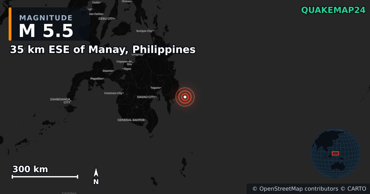 M5.5 earthquake near 35 km ESE of Manay, Philippines on Oct 10, 2025 — map of epicenter and shaking intensity | QuakeMap24