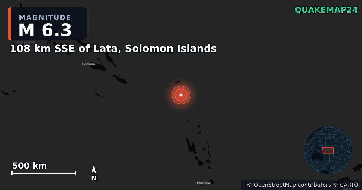 M6.3 earthquake near 108 km SSE of Lata, Solomon Islands on Aug 14, 2025 — map of epicenter and shaking intensity | QuakeMap24