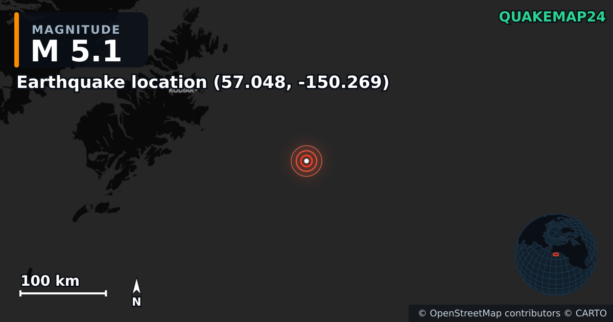 M5.1 earthquake near Earthquake location (57.048, -150.269) on Sep 1, 2025 — map of epicenter and shaking intensity | QuakeMap24