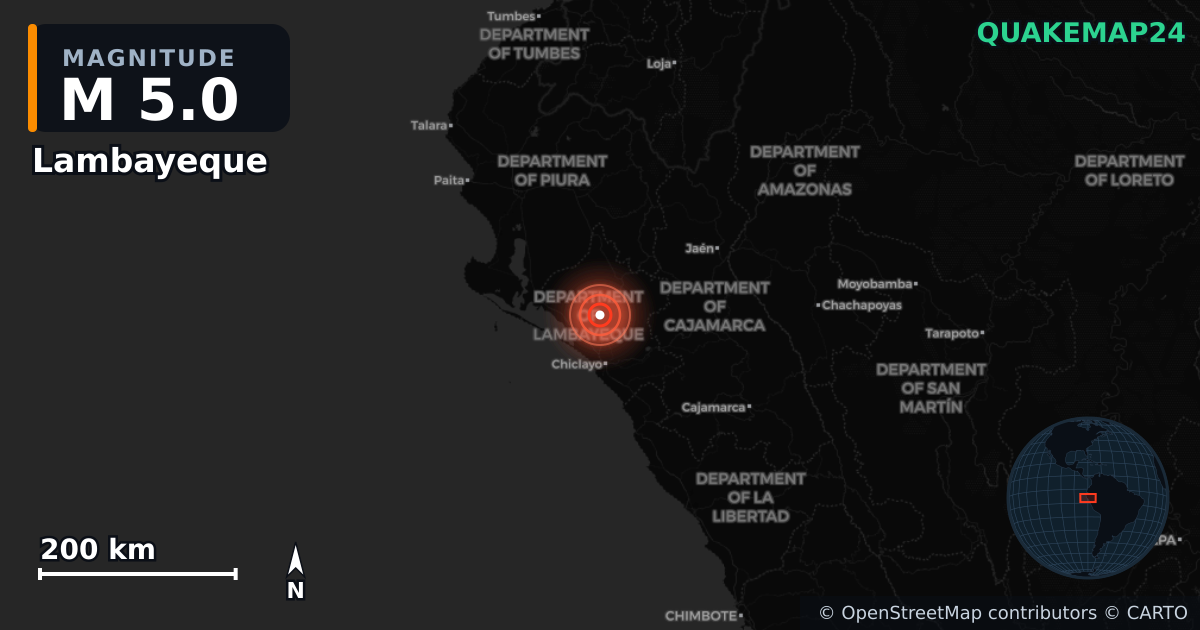 M5.0 earthquake near Lambayeque on Jun 12, 2025 — map of epicenter and shaking intensity | QuakeMap24