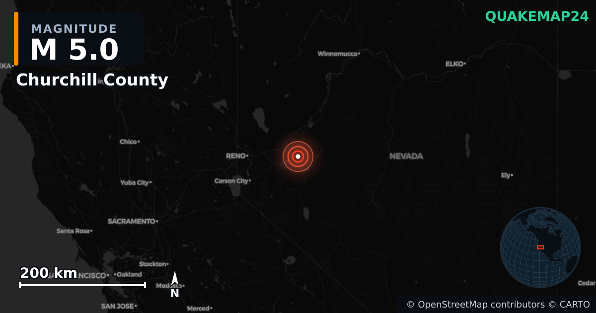 M5.0 earthquake near Churchill County on Apr 14, 2026 — map of epicenter and shaking intensity | QuakeMap24