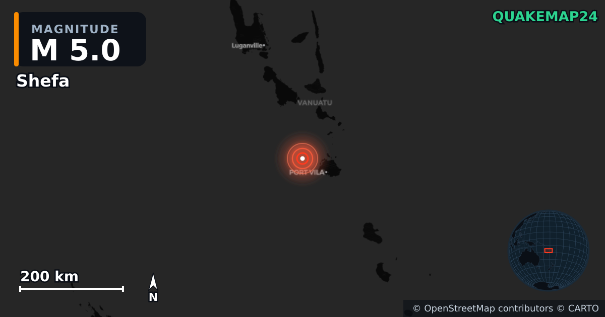 M5.0 earthquake near Shefa on Jun 30, 2025 — map of epicenter and shaking intensity | QuakeMap24