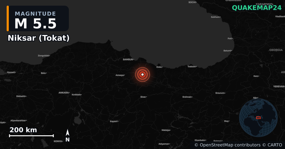 Erdbeben M5,5 bei Niksar (Tokat) — Karte der Lage des Epizentrums