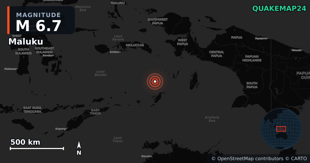 M6.7 earthquake near Maluku on Jul 14, 2025 — map of epicenter and shaking intensity | QuakeMap24