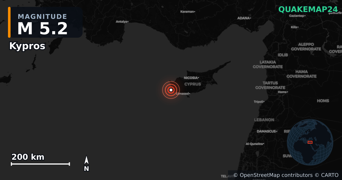 M5.2 earthquake near Kypros on Nov 12, 2025 — map of epicenter and shaking intensity | QuakeMap24