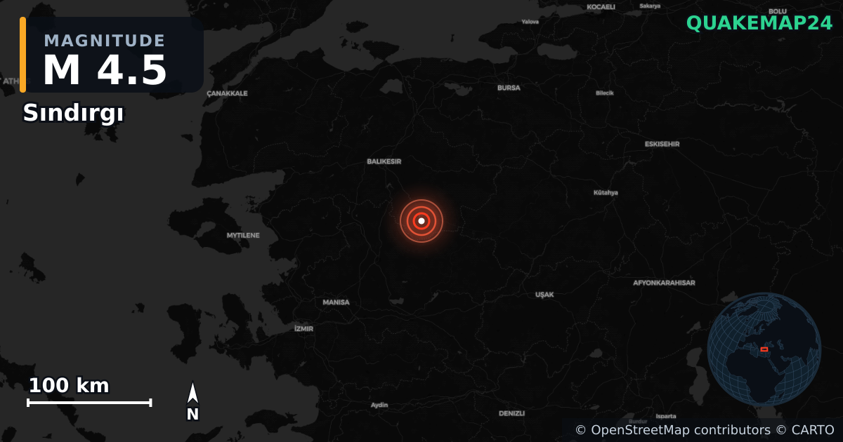 M4.5 earthquake near Sındırgı on Sep 7, 2025 — map of epicenter and shaking intensity | QuakeMap24