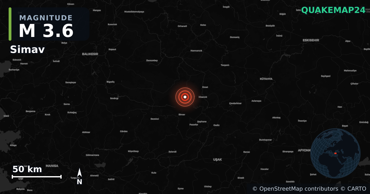 M3.6 earthquake near Simav on Feb 2, 2026 — map of epicenter and shaking intensity | QuakeMap24