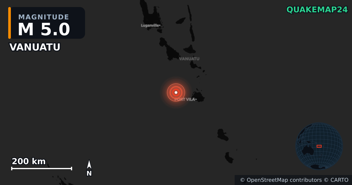 M5.0 earthquake near VANUATU on Sep 27, 2025 — map of epicenter and shaking intensity | QuakeMap24