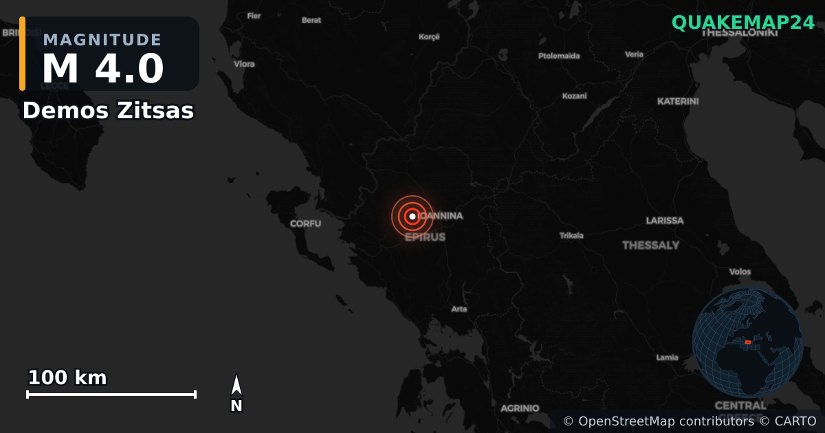 M4.0 earthquake near Demos Zitsas on Apr 12, 2026 — map of epicenter and shaking intensity | QuakeMap24