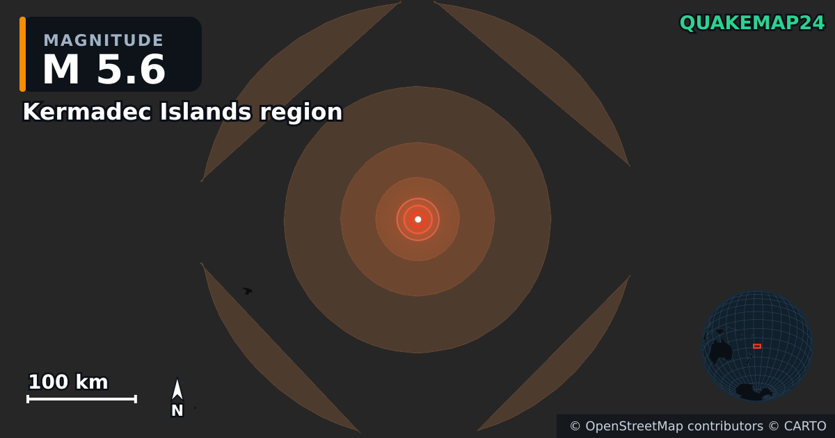 M5.6 earthquake near Kermadec Islands region on Aug 13, 2026 — map of epicenter and shaking intensity | QuakeMap24