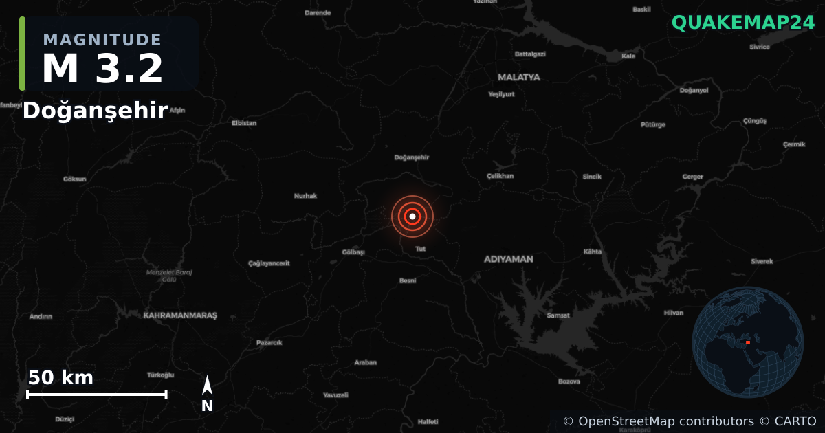 M3.2 earthquake near Doğanşehir on May 21, 2025 — map of epicenter and shaking intensity | QuakeMap24