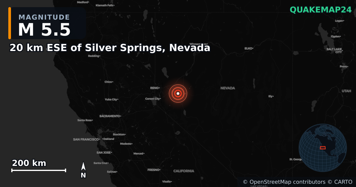 M5.5 earthquake near 20 km ESE of Silver Springs, Nevada on Apr 14, 2026 — map of epicenter and shaking intensity | QuakeMap24
