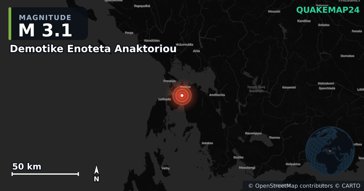 M3.1 earthquake near Demotike Enoteta Anaktoriou on Apr 1, 2026 — map of epicenter and shaking intensity | QuakeMap24