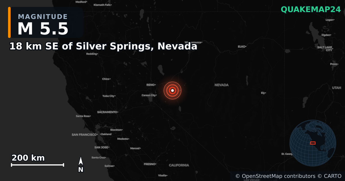 M5.5 earthquake near 18 km SE of Silver Springs, Nevada on Apr 14, 2026 — map of epicenter and shaking intensity | QuakeMap24