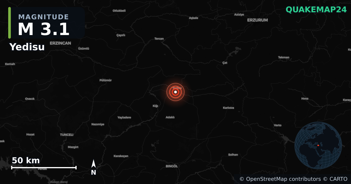 Sismo de M3,1 perto de Yedisu, Bingöl (Turquia) · 2026-06-22 — Mapa da localização do epicentro