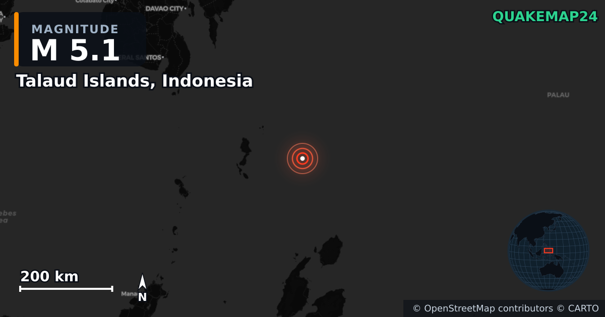 M5.1 Earthquake near Talaud Islands, Indonesia · 2025-11-13 — Map showing the location of the epicenter