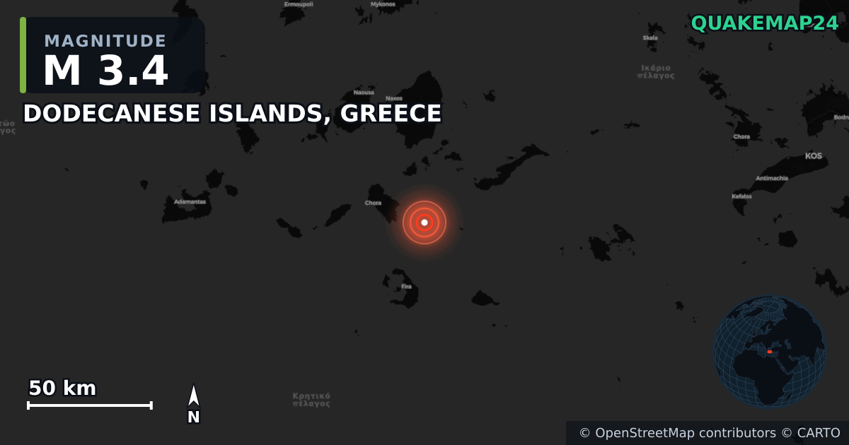 M3.4 earthquake near DODECANESE ISLANDS, GREECE on Jul 27, 2025 — map of epicenter and shaking intensity | QuakeMap24