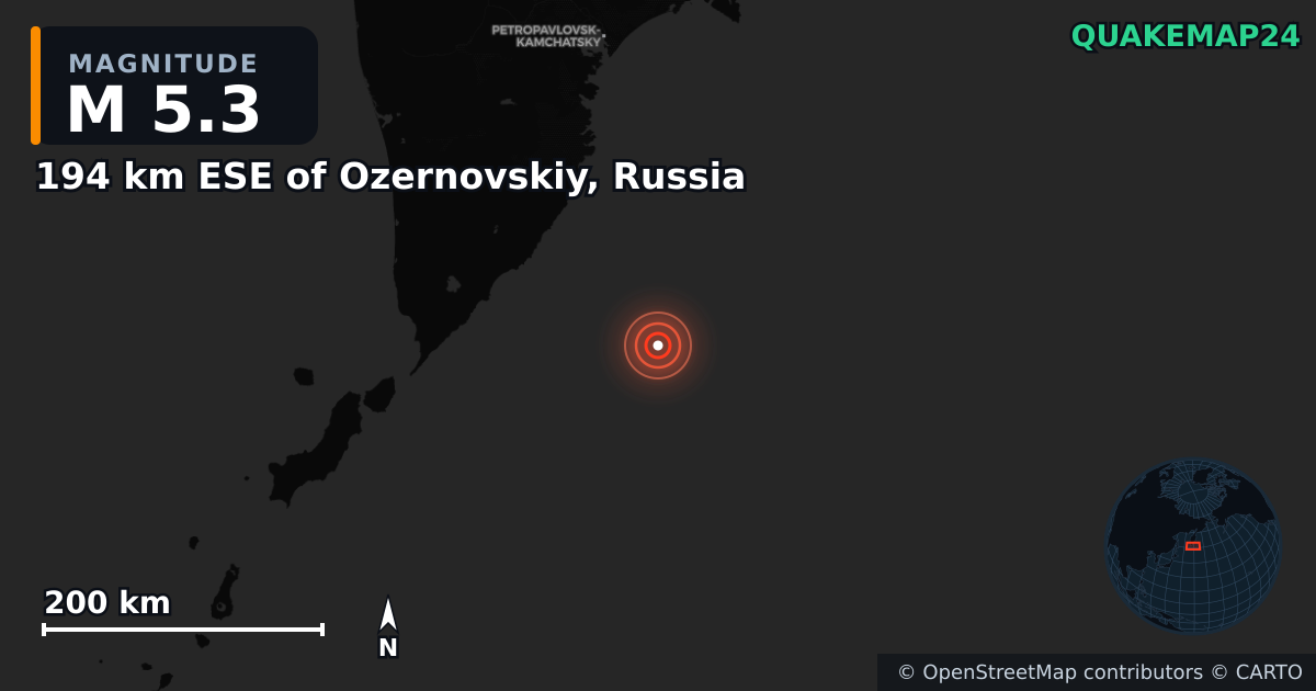 M5.3 earthquake near 194 km ESE of Ozernovskiy, Russia on Jul 30, 2025 — map of epicenter and shaking intensity | QuakeMap24