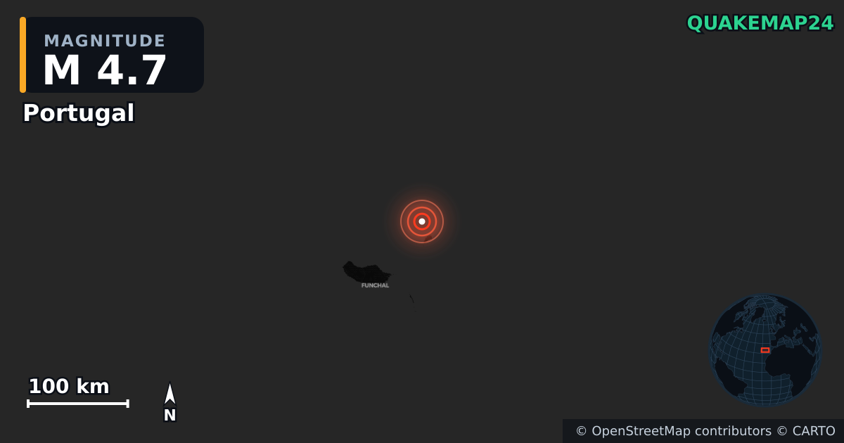 M4.7 earthquake near Portugal on Feb 26, 2026 — map of epicenter and shaking intensity | QuakeMap24