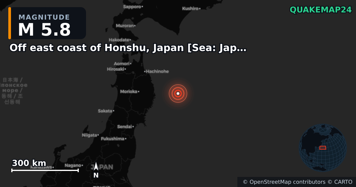 M5.8 earthquake near Off east coast of Honshu, Japan [Sea: Japan] on Nov 17, 2025 — map of epicenter and shaking intensity | QuakeMap24
