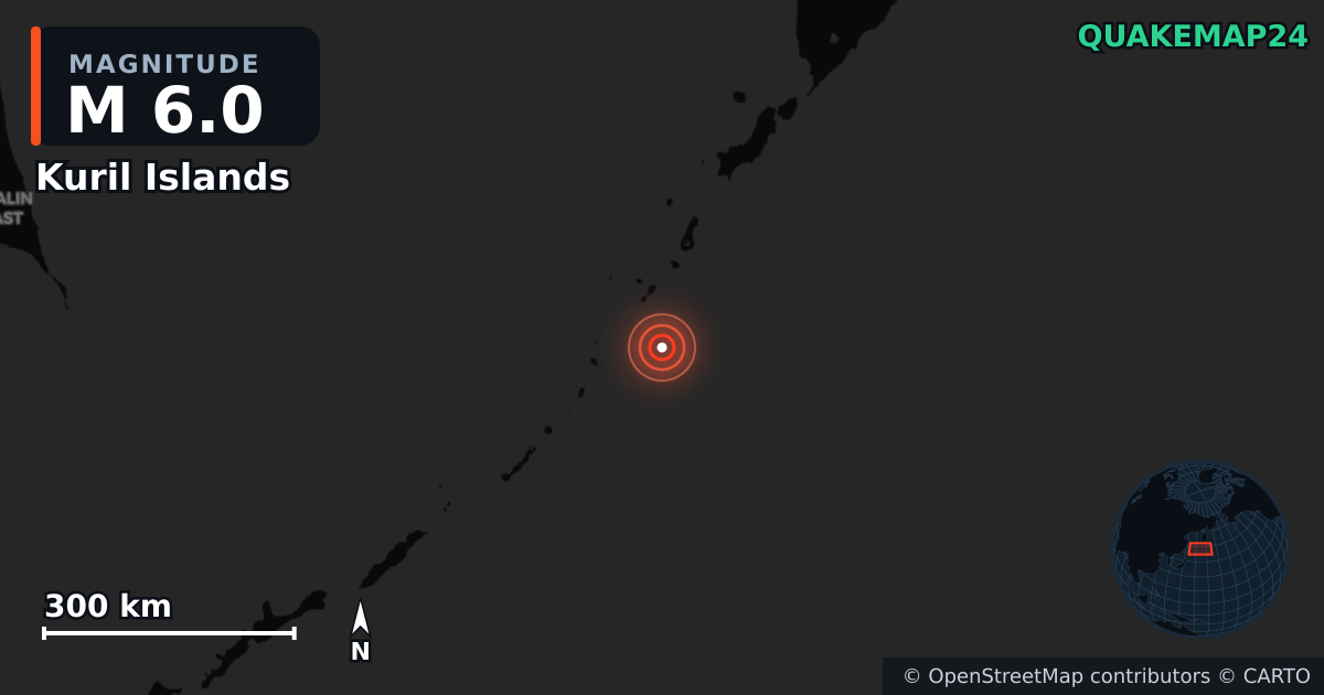 M6.0 earthquake near Kuril Islands on Feb 15, 2026 — map of epicenter and shaking intensity | QuakeMap24