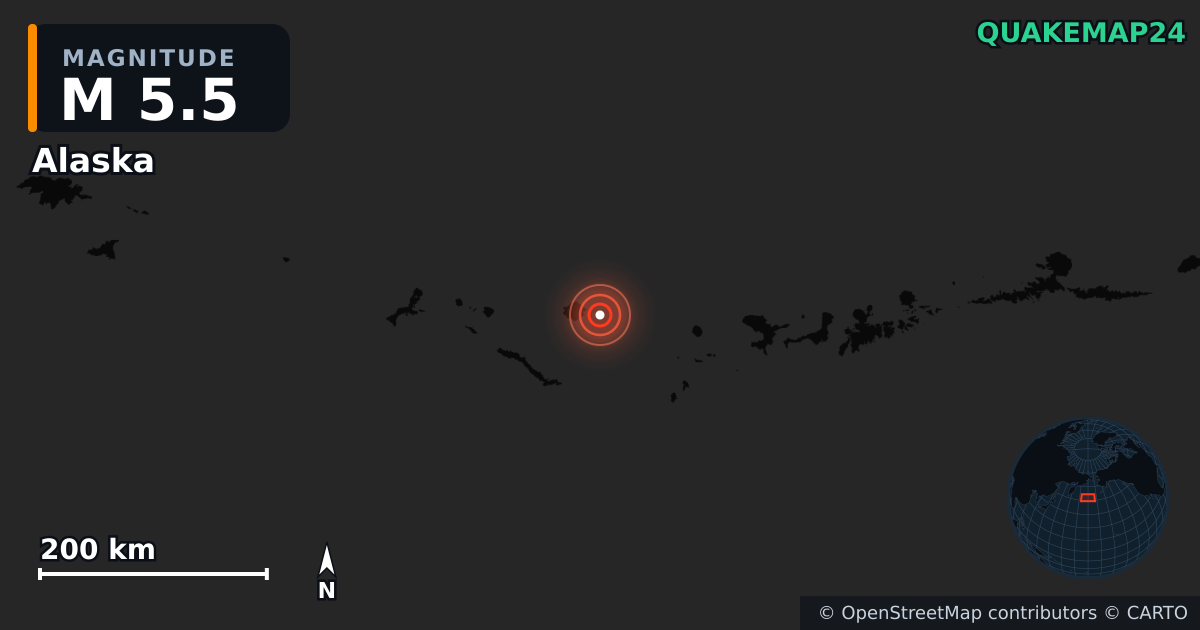 M5.5 earthquake near Alaska on Aug 28, 2025 — map of epicenter and shaking intensity | QuakeMap24