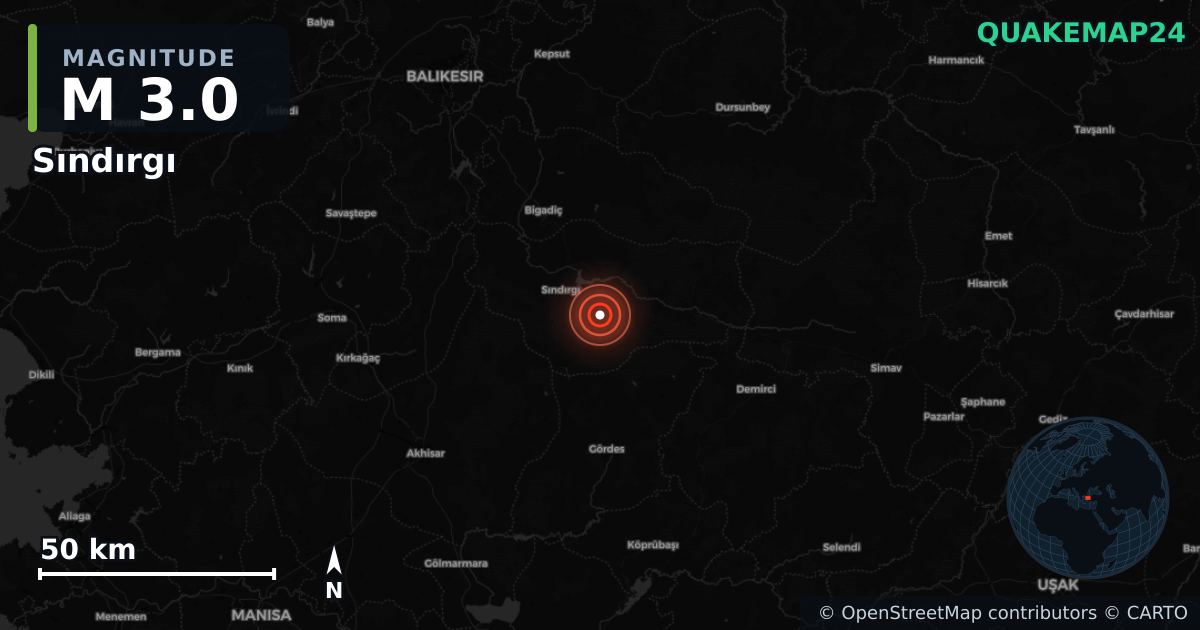 M3.0 earthquake near Sındırgı on Dec 11, 2025 — map of epicenter and shaking intensity | QuakeMap24