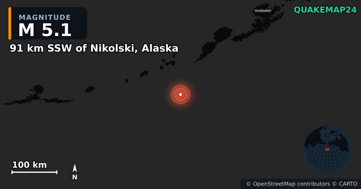 M5.1 earthquake near 91 km SSW of Nikolski, Alaska on Sep 4, 2025 — map of epicenter and shaking intensity | QuakeMap24