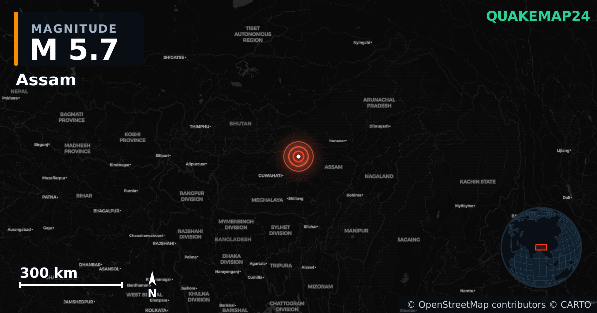 M5.7 earthquake near Assam on Sep 14, 2025 — map of epicenter and shaking intensity | QuakeMap24