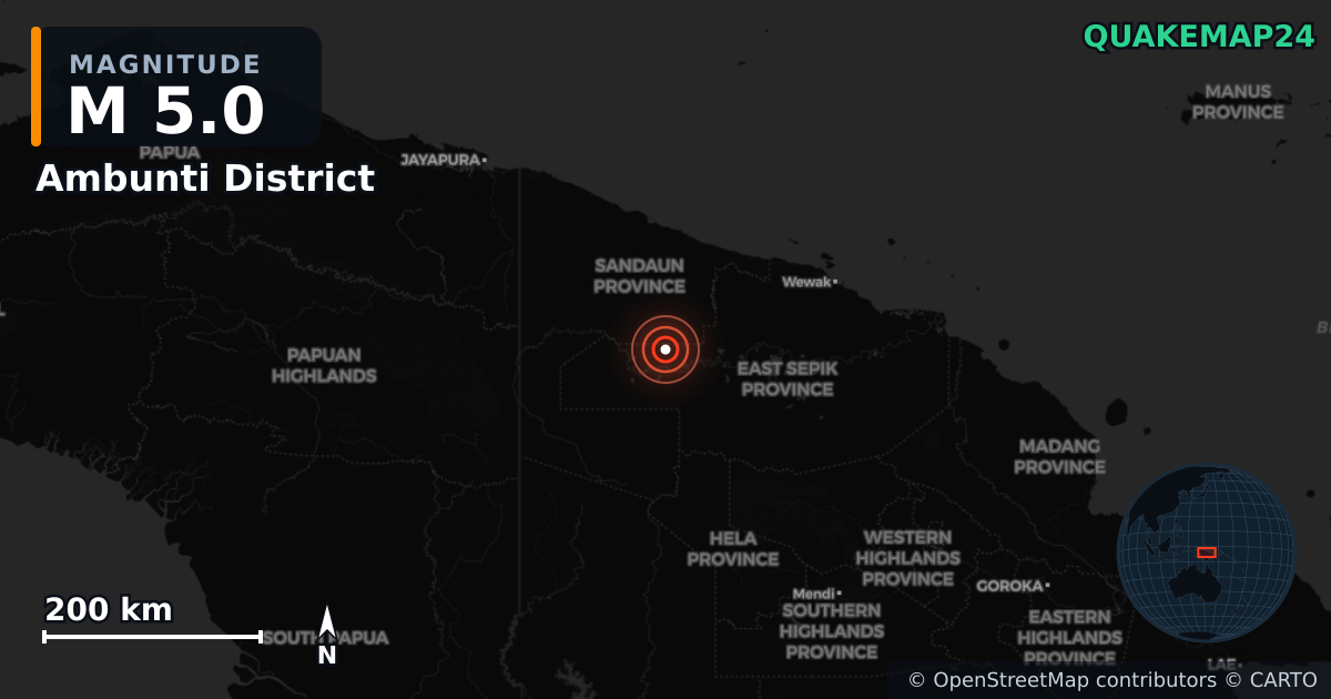 M5.0 earthquake near Ambunti District on Jan 8, 2026 — map of epicenter and shaking intensity | QuakeMap24