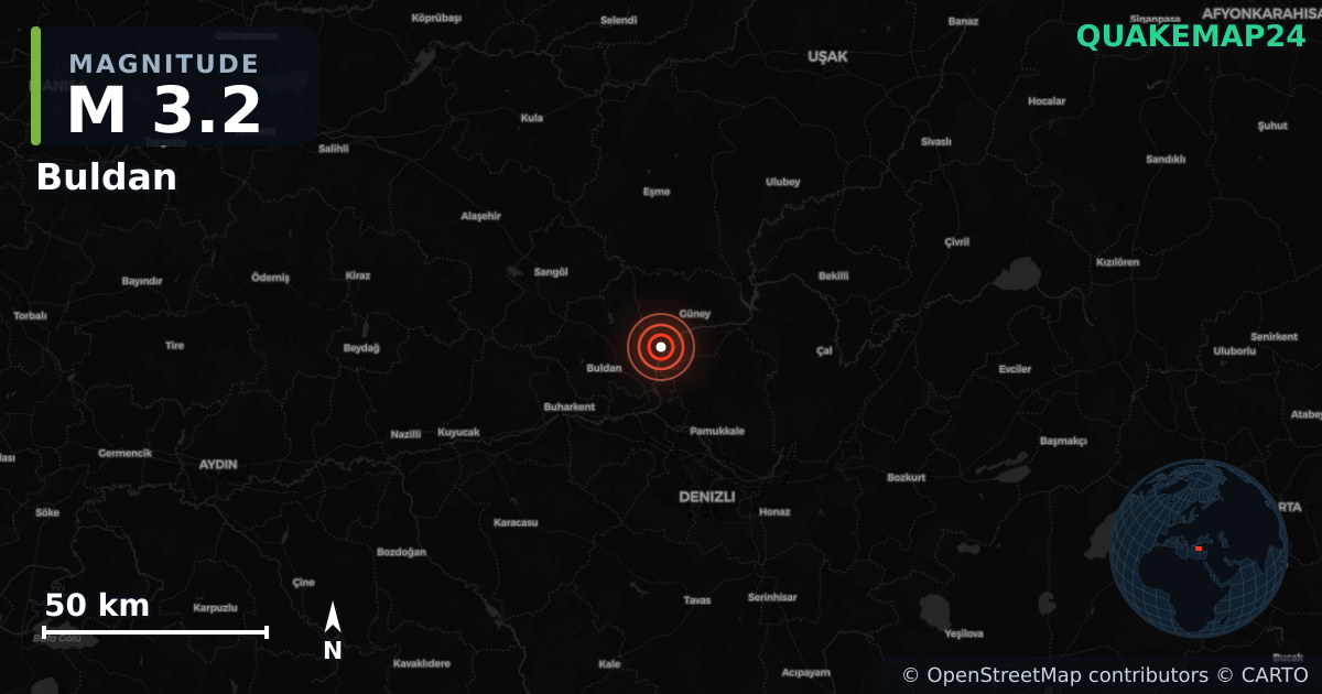 M3.2 earthquake near Buldan on Mar 9, 2026 — map of epicenter and shaking intensity | QuakeMap24