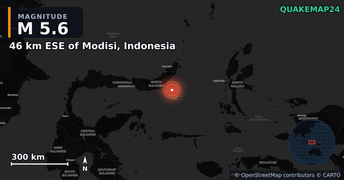 M5.6 earthquake near 46 km ESE of Modisi, Indonesia on Apr 17, 2025 — map of epicenter and shaking intensity | QuakeMap24