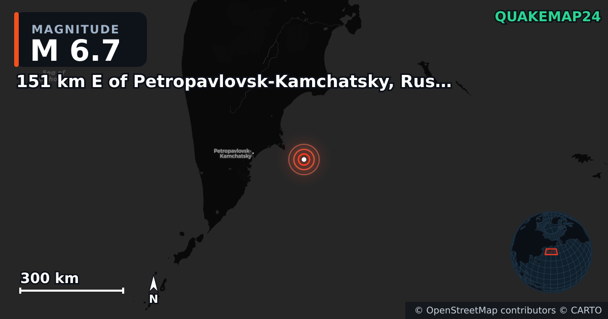 M6.7 earthquake near 151 km E of Petropavlovsk-Kamchatsky, Russia on Jul 20, 2025 — map of epicenter and shaking intensity | QuakeMap24