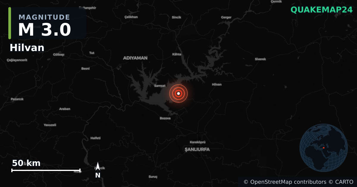 M3.0 earthquake near Hilvan on Jun 13, 2025 — map of epicenter and shaking intensity | QuakeMap24
