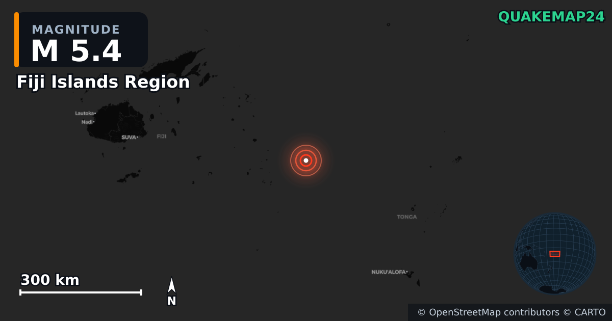 Fiji Islands Region yakınında M5,4 deprem · 2026-04-28 — Deprem merkez üssünün konumunu gösteren harita