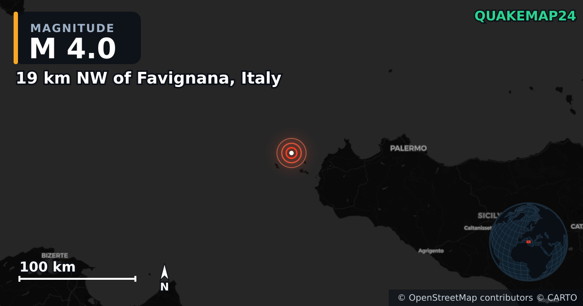 19 km NW of Favignana, Italy yakınında M4,0 deprem · 2025-03-15 — Deprem merkez üssünün konumunu gösteren harita
