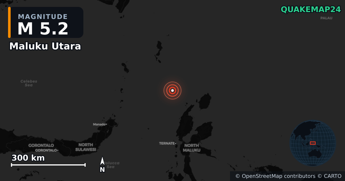 M5.2 earthquake near Maluku Utara on Jun 28, 2025 — map of epicenter and shaking intensity | QuakeMap24