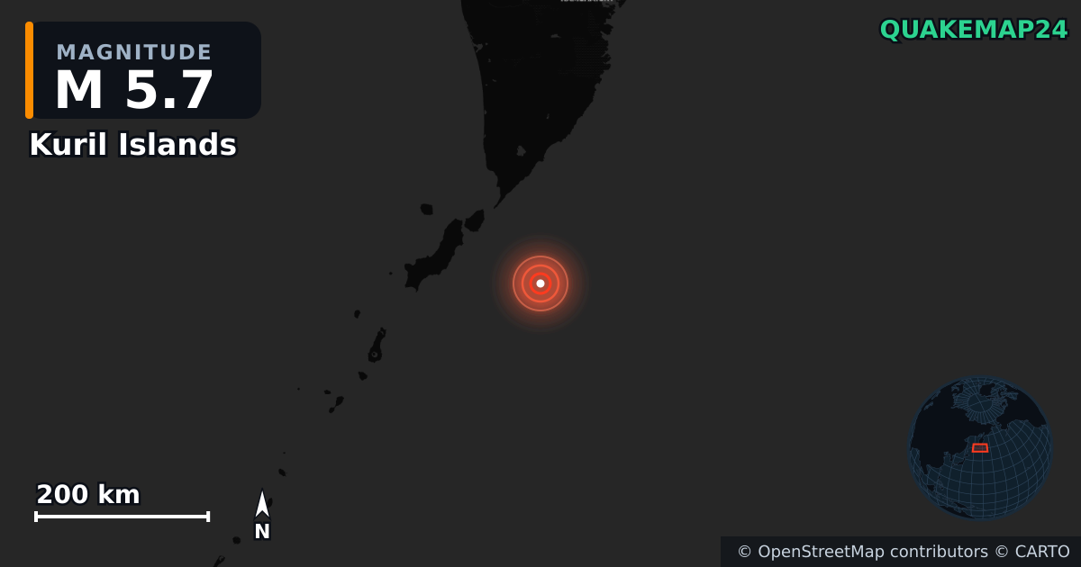 M5.7 earthquake near Kuril Islands on Jul 30, 2025 — map of epicenter and shaking intensity | QuakeMap24
