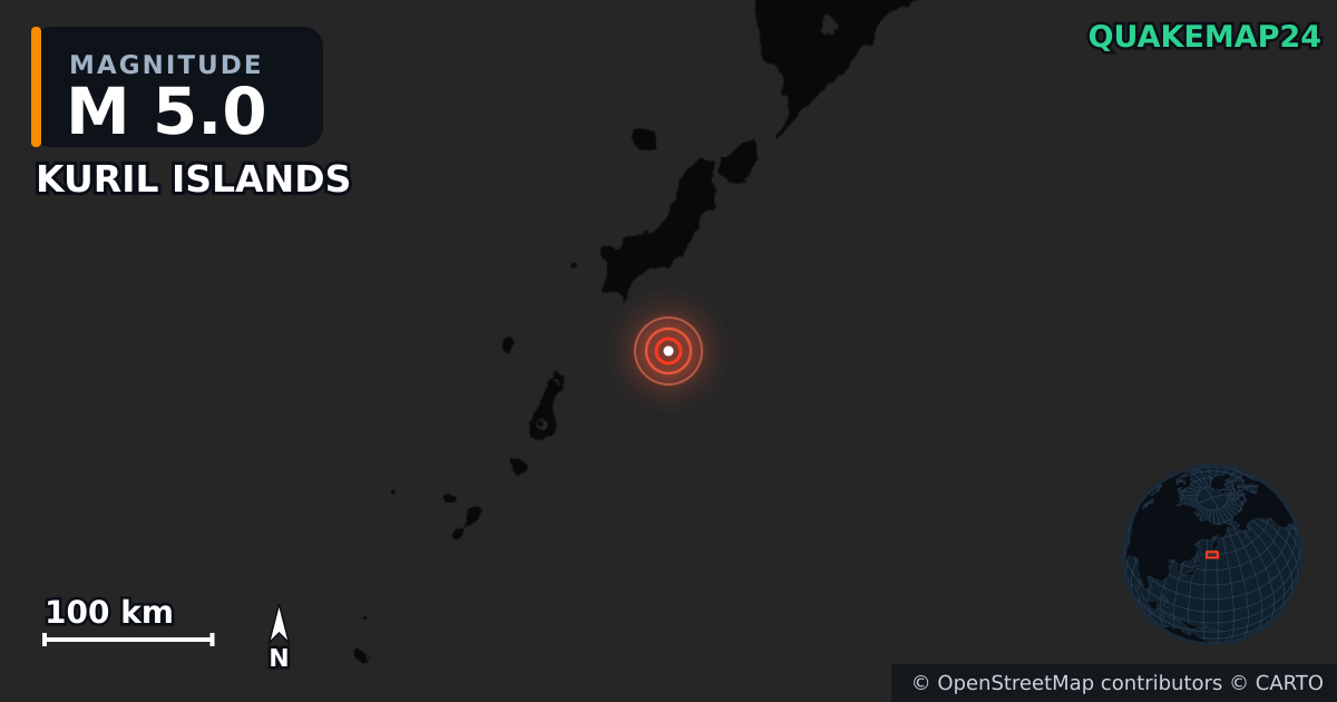 M5.0 earthquake near KURIL ISLANDS on Apr 12, 2026 — map of epicenter and shaking intensity | QuakeMap24