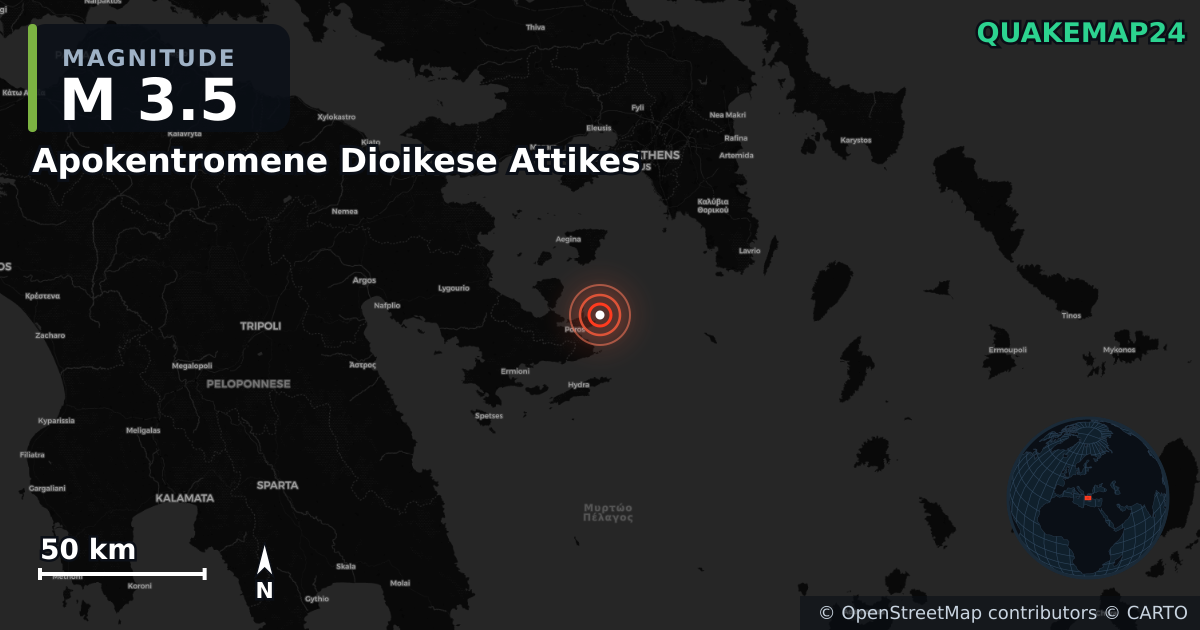 M3.5 earthquake near Apokentromene Dioikese Attikes on Jul 30, 2025 — map of epicenter and shaking intensity | QuakeMap24