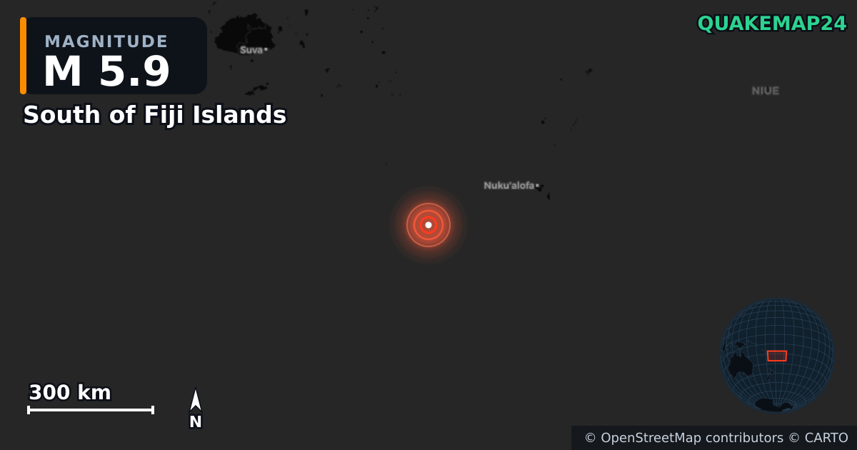 M5.9 earthquake near South of Fiji Islands on Jun 6, 2025 — map of epicenter and shaking intensity | QuakeMap24