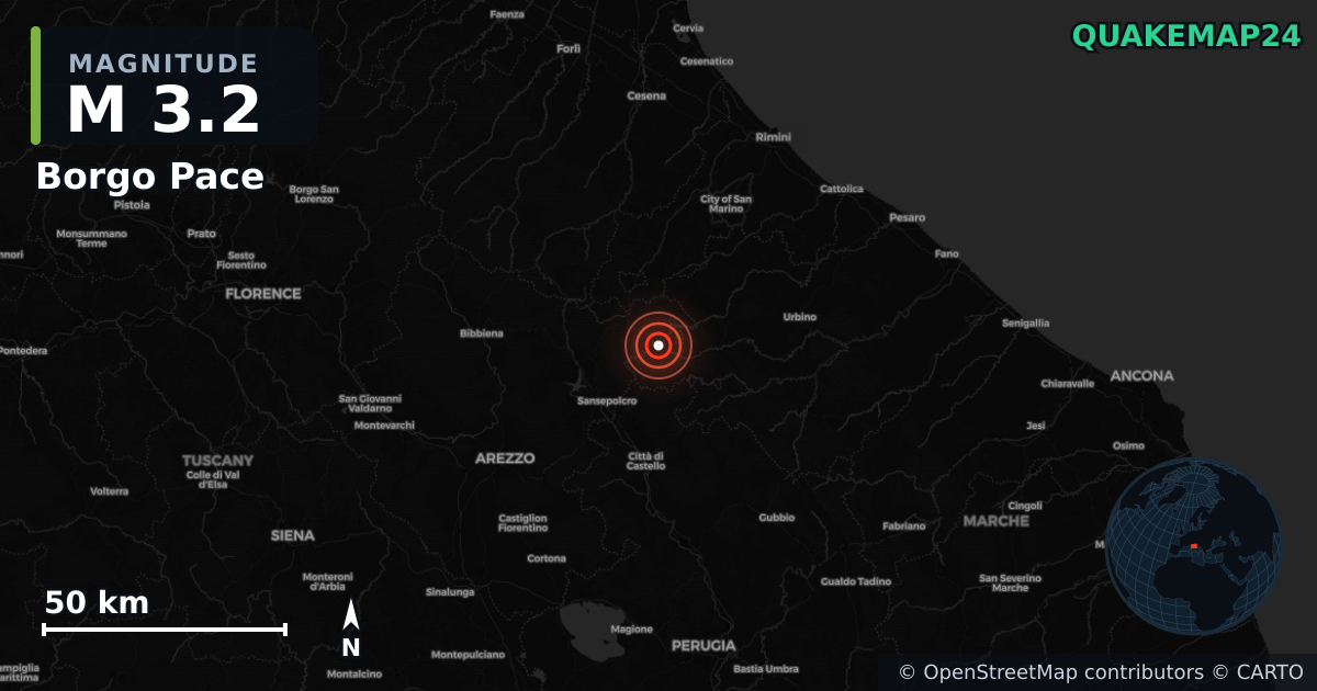 M3.2 earthquake near Borgo Pace on May 24, 2025 — map of epicenter and shaking intensity | QuakeMap24