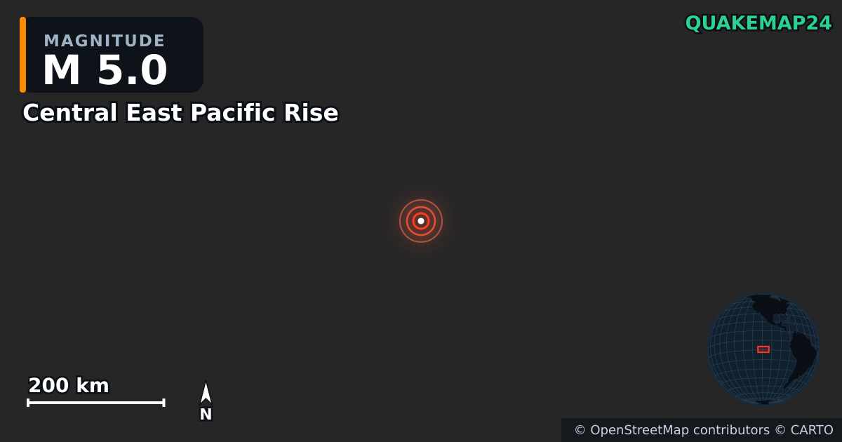 M5.0 earthquake near Central East Pacific Rise on Feb 20, 2026 — map of epicenter and shaking intensity | QuakeMap24