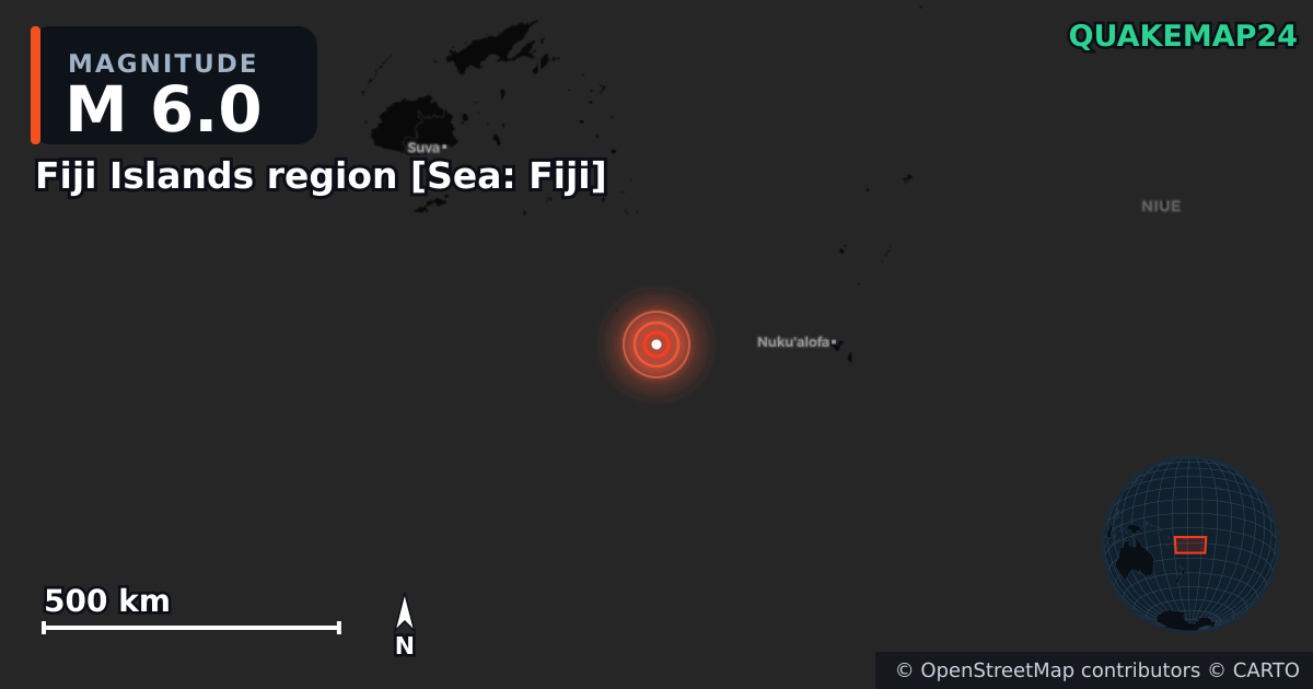 M6.0 earthquake near Fiji Islands region [Sea: Fiji] on Feb 10, 2026 — map of epicenter and shaking intensity | QuakeMap24
