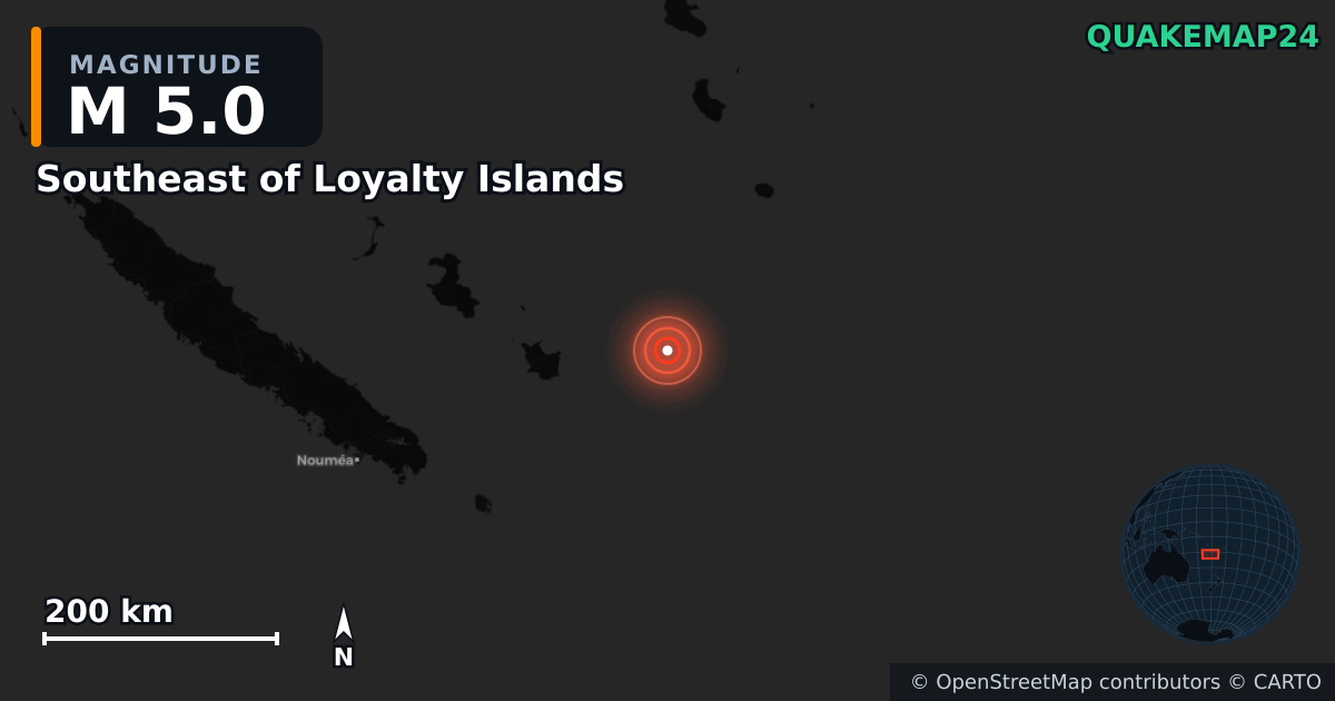 M5.0 earthquake near Southeast of Loyalty Islands on Apr 8, 2026 — map of epicenter and shaking intensity | QuakeMap24